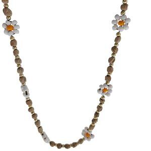 Handcrafted Retro Daisy Beaded Necklace Wood Metallic Beads 60s 70s Fashion